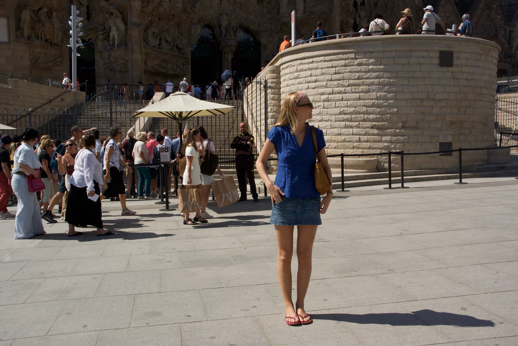 Exploring Barcelona near one of the city's historic landmarks