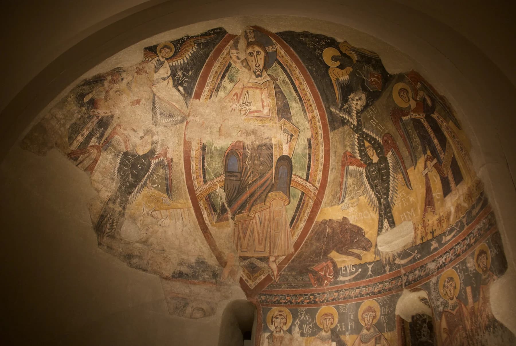 Romanesque mural painting displayed at MNAC in Barcelona